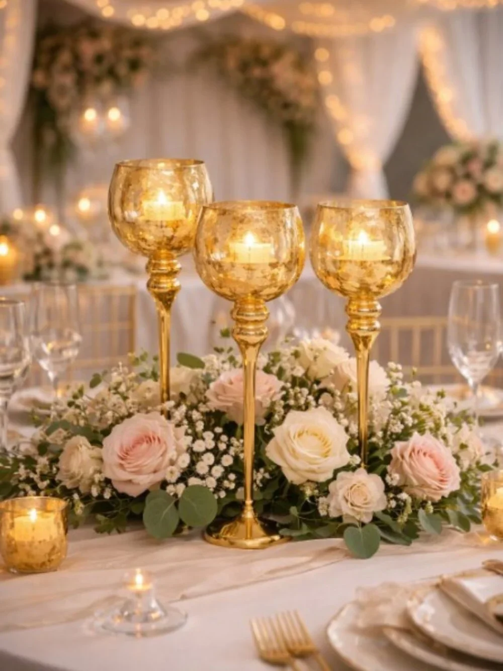 Set of 3 Crackle Gold Glass Tealight Holders